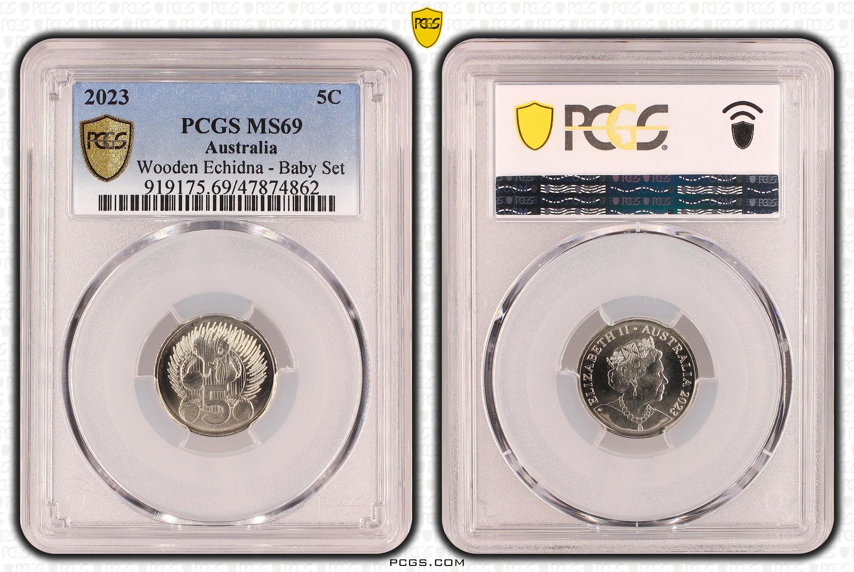 Elizabeth II, Wooden Echidna - Baby Set, Five Cent, 2023, PCGS MS69