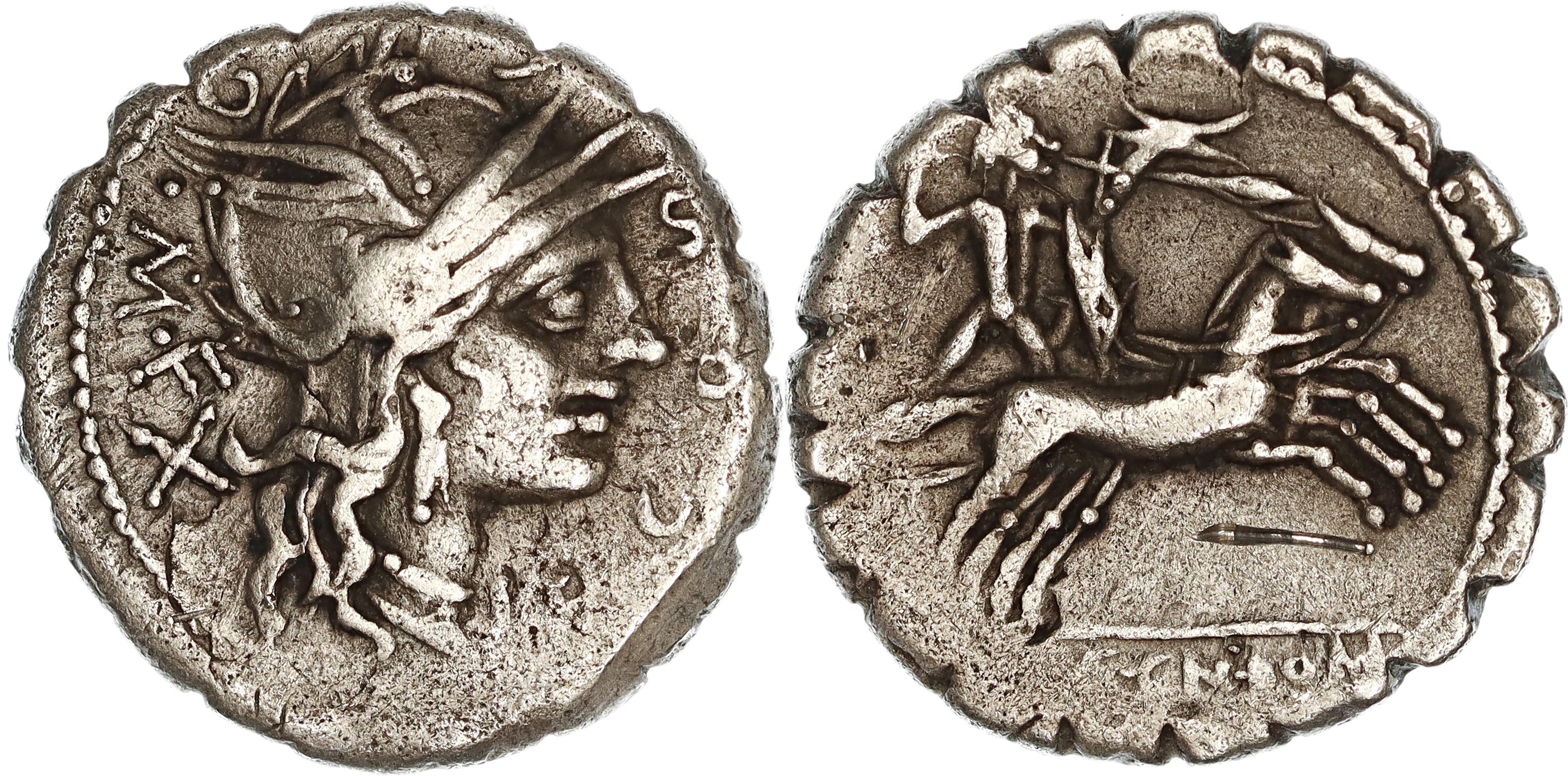 Roman Republic, L. Licinius Crassus, Cn. Domitius Ahenobarbus and L. Cosconius M.f., Silver Denarius, 118 BC, nVF-VF