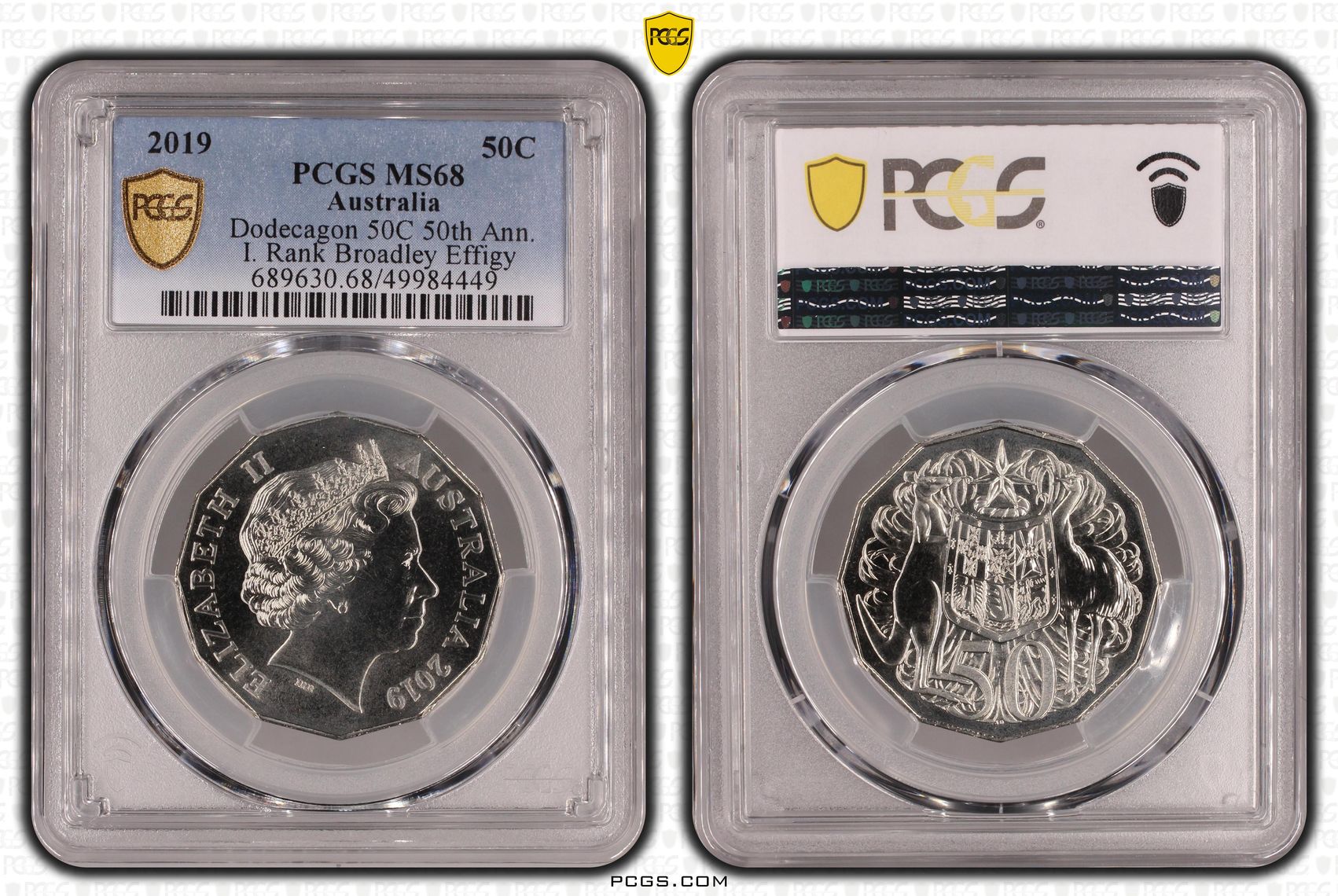 Dodecagon 50C 50th Ann. I. Rank Broadley Effigy , Fifty Cent, 2019, PCGS MS68