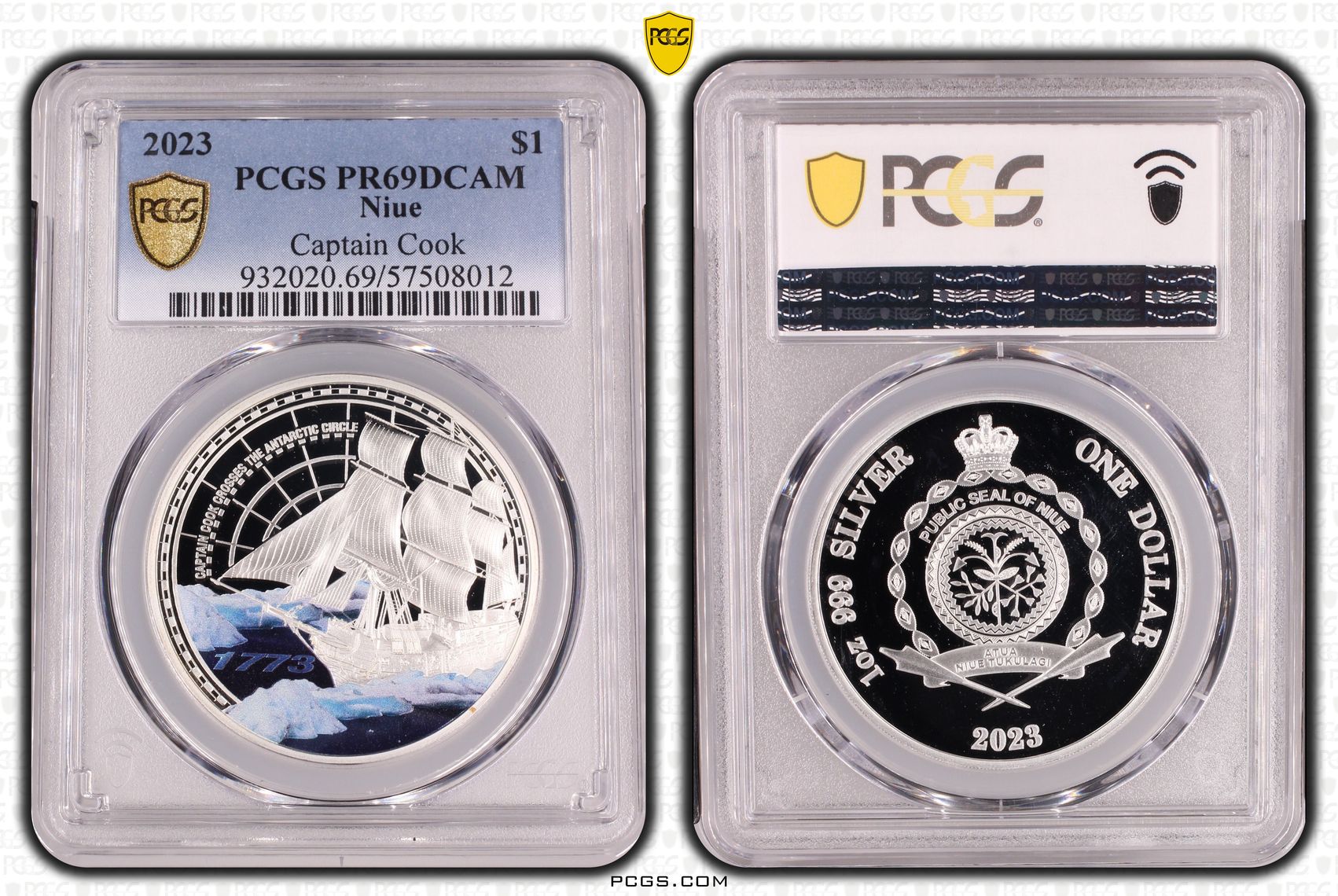 Niue, Elizabeth II, Captain Cook Colourised Silver, One Dollar, 2023, PCGS PR69DCAM