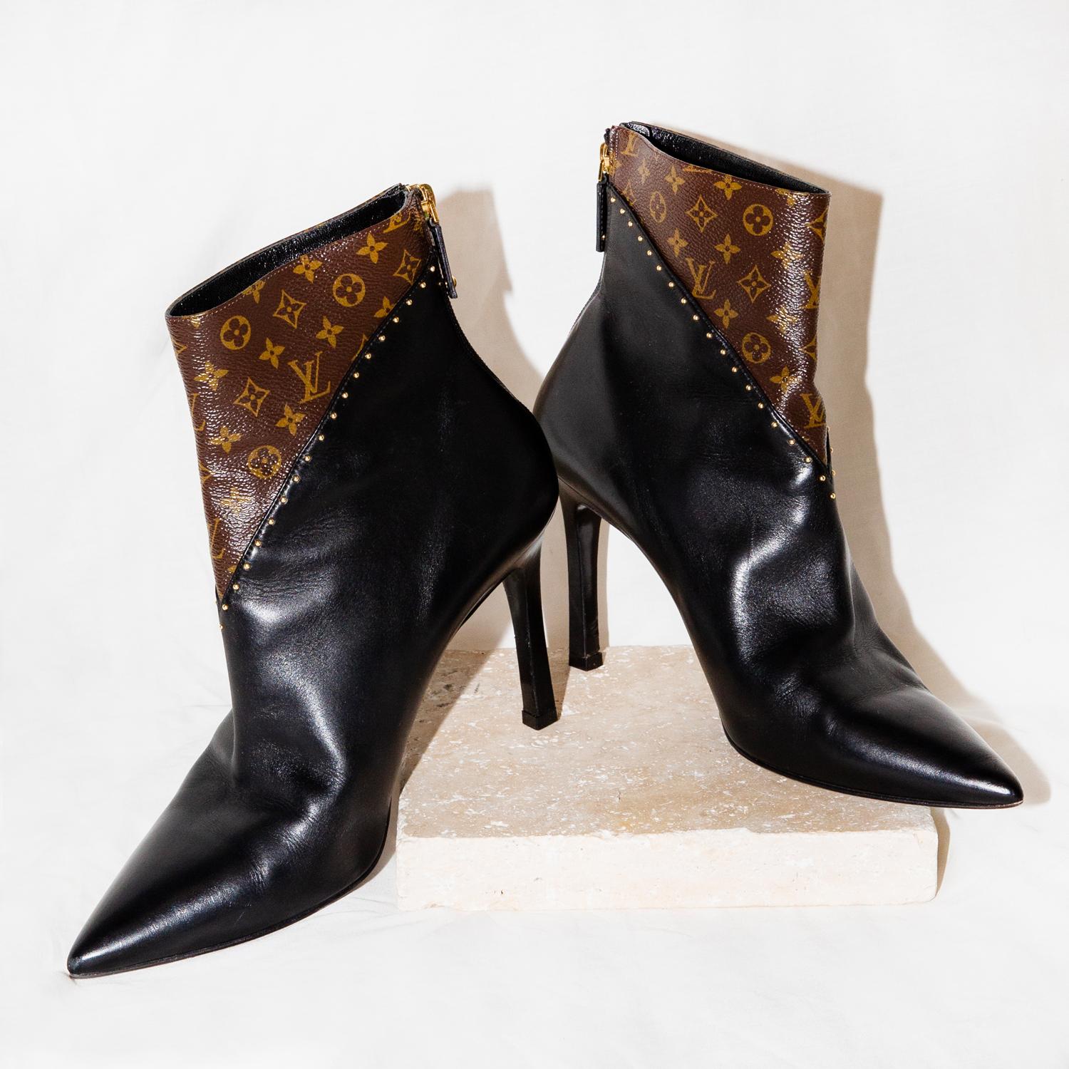 Louis Vuitton "Cherie" Black and Monogram Ankle Boots Size 41
