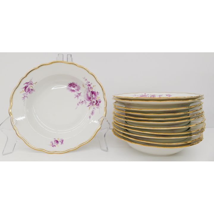 12pc Meissen Pink Flower Porcelain Soup Plates