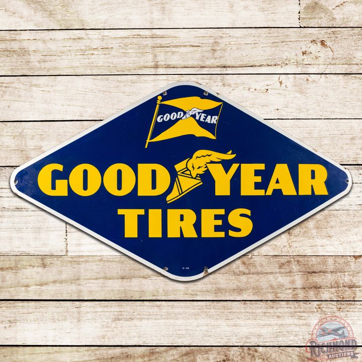 Goodyear Tires SS Porcelain Sign w/ Flag & Wingfoot Logos