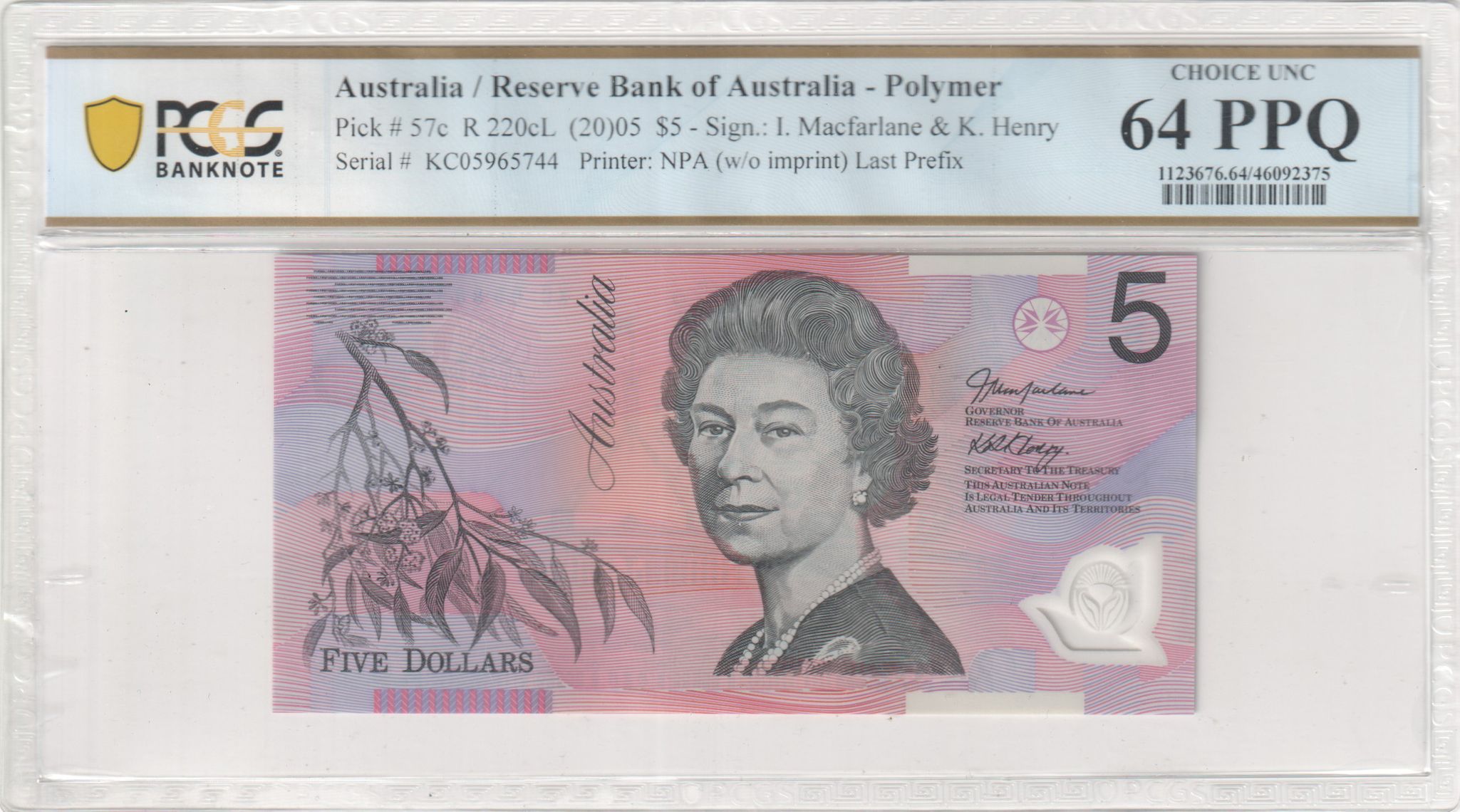 Macfarlane/ Henry, Last Prefix, Five Dollar, 2005, PCGS Choice UNC 64 PPQ