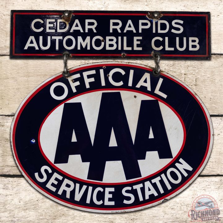 Cedar Rapids Triple A AAA Automobile Club Service Station Double Sided Porcelain Sign