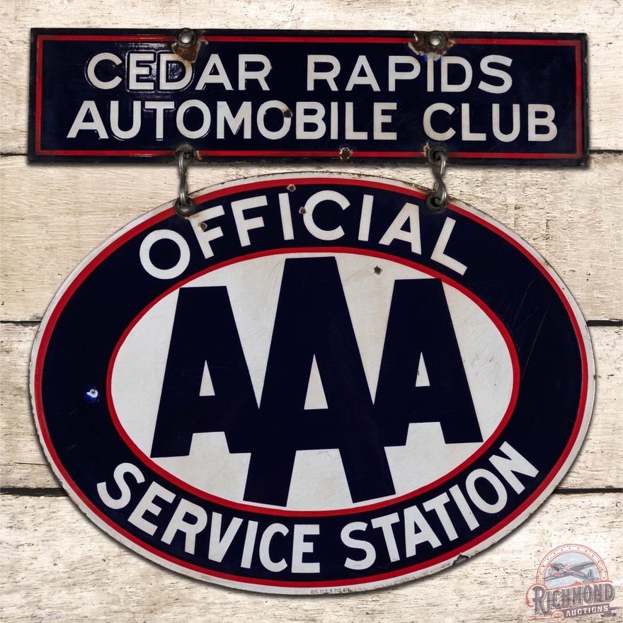 Cedar Rapids Triple A AAA Automobile Club Service Station Double Sided Porcelain Sign