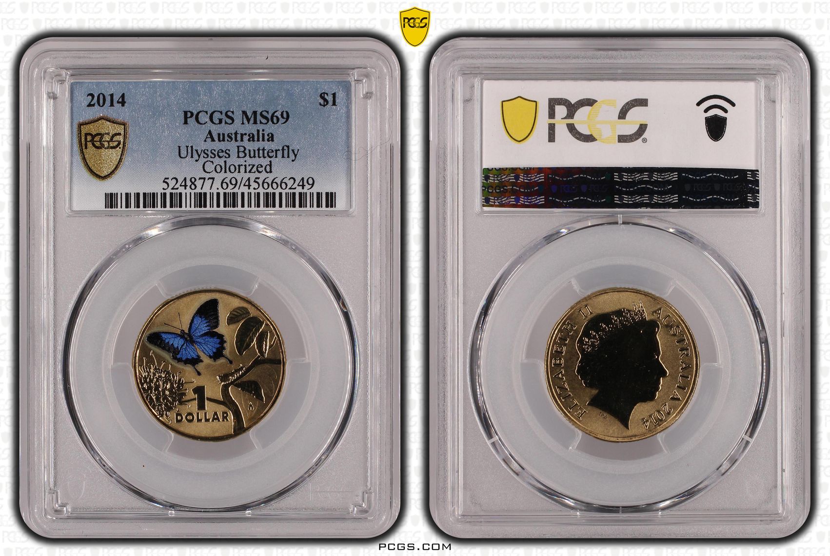 2014 Australia One Dollar, $1 Ulysses Butterfly Colorized PCGS - MS69 POP 5/0 -249
