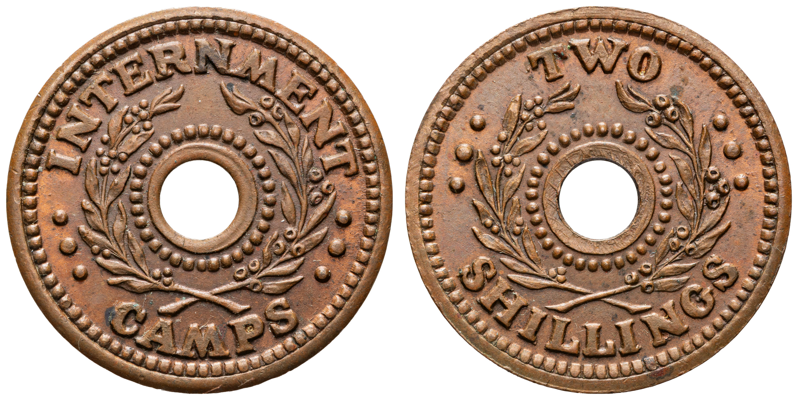 148 · Department of Army Internment Camp Currency Token, Two Shillings, WWII, VF