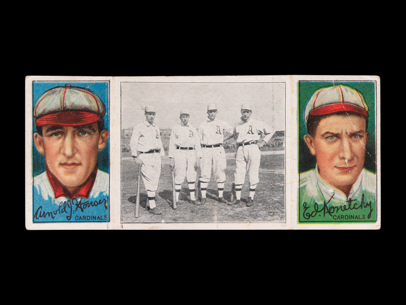 A 1912 T202 Hassan Triple Folder Edward Konetchy / Arnold Hauser / The Athletic Infield Baseball Card