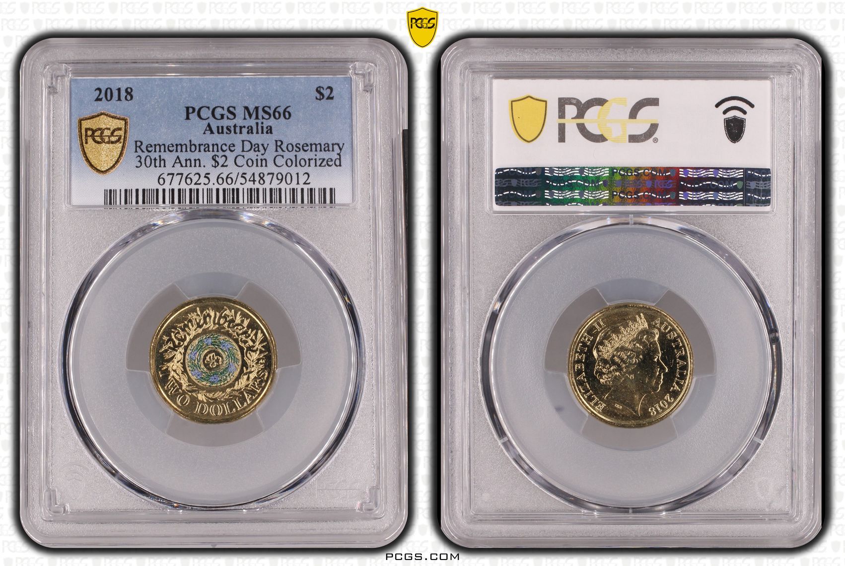Remembrance Day Rosemary 30th Ann. $2 Coin Colorized, Two Dollar, 2018, PCGS MS66