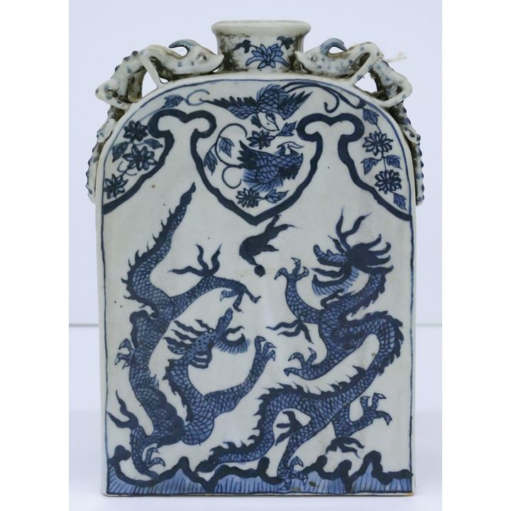 Old Chinese Blue & White Porcelain Dragon Flask Vase 7.5''