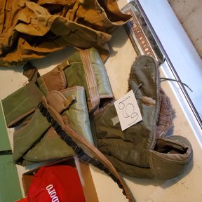 2 vintage gun cases, fuzzy military hood and shotgun bandolier