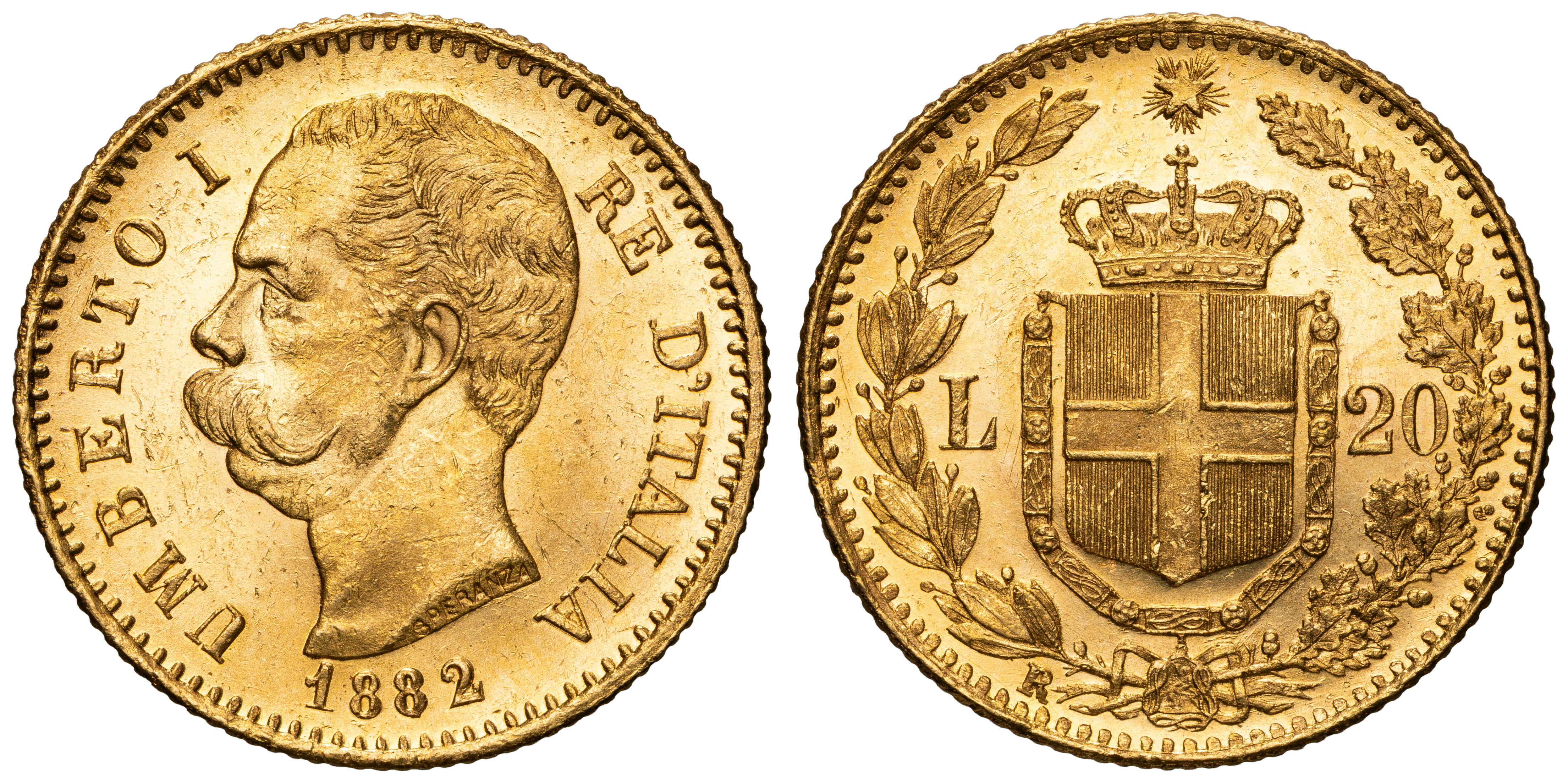 Italy, Umberto I, Twenty Lire, 1882-R, UNC