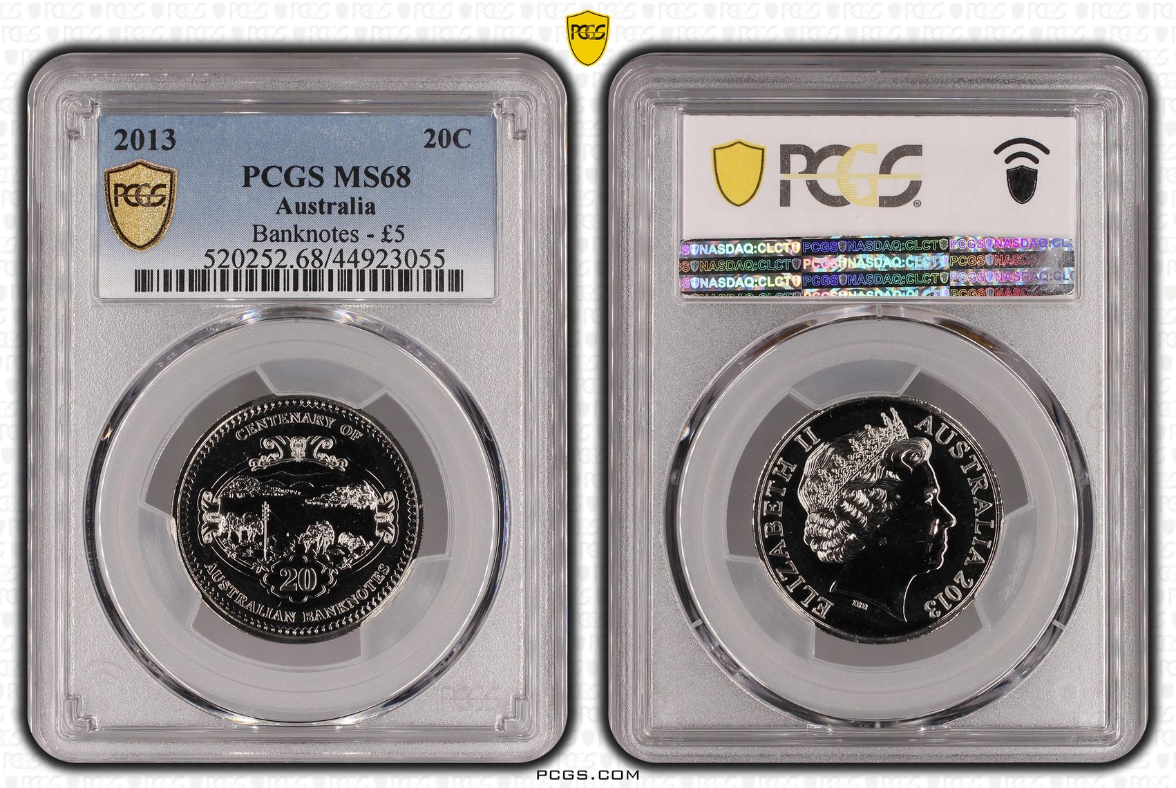 56 · 2013 Australia Twenty Cent, 20c Banknotes - Â£5 PCGS - MS68 -055