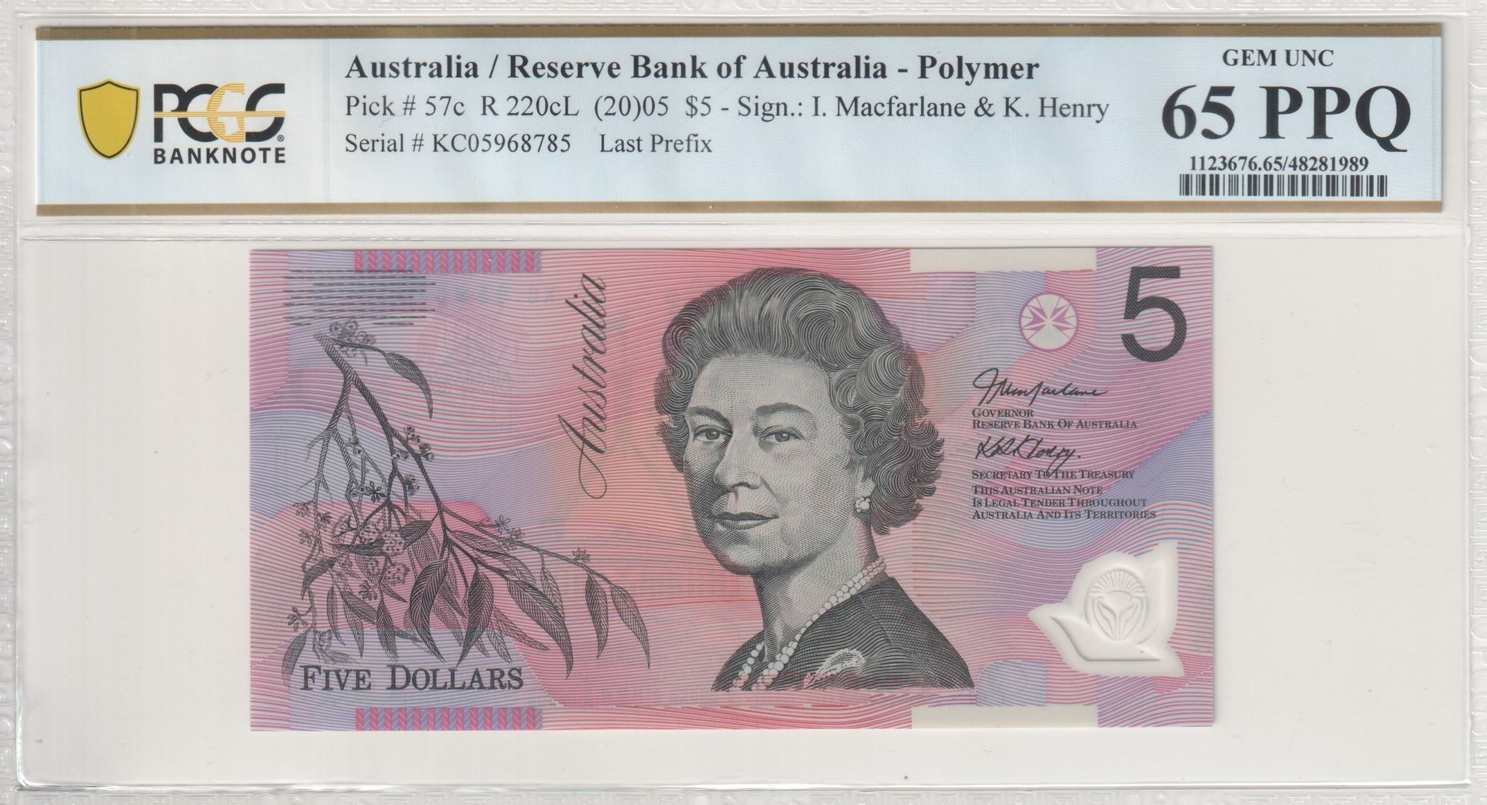 Macfarlane/Henry, Last Prefix, Five Dollar, 2005, PCGS Gem UNC 65 PPQ
