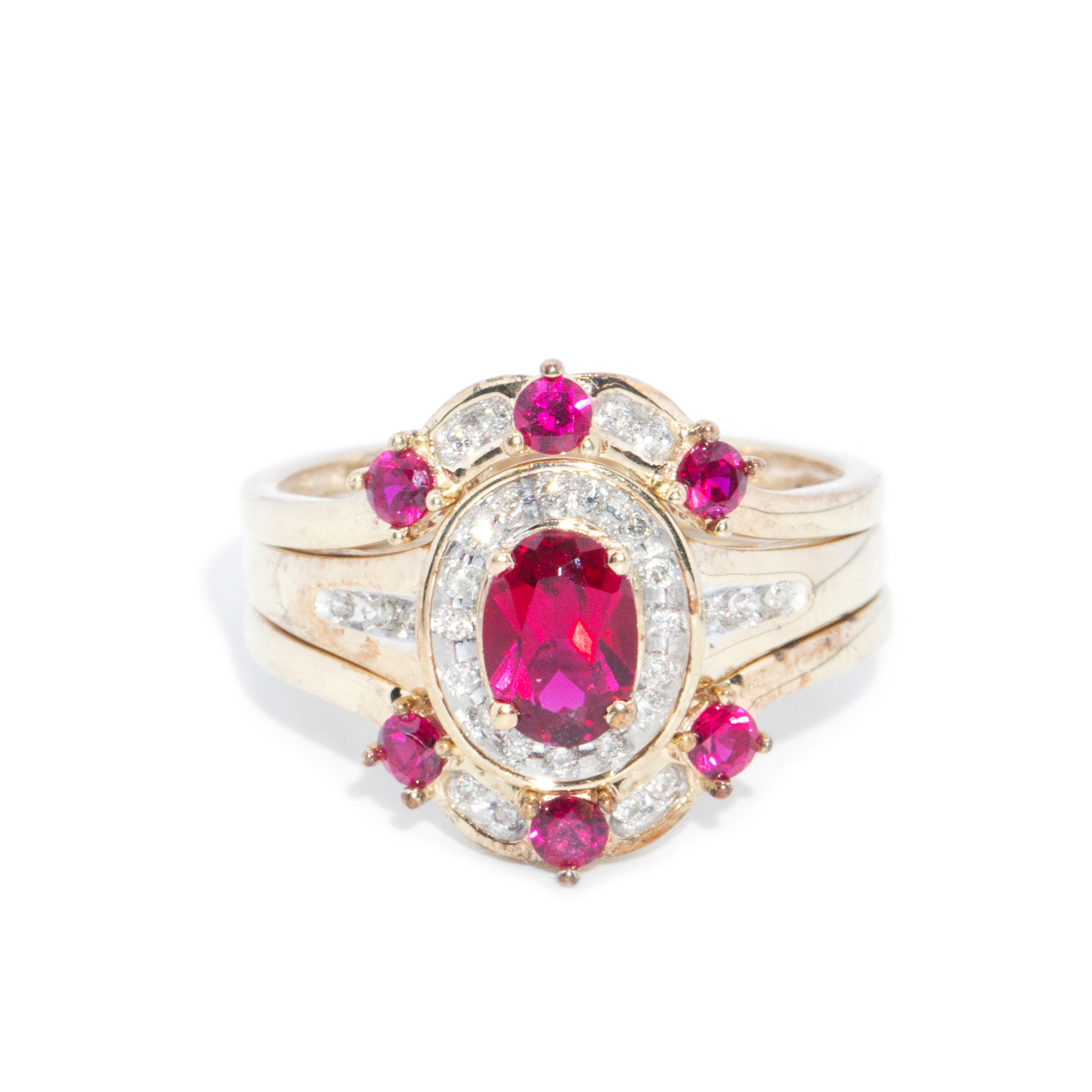 9ct Gold Ruby & Diamond Three Ring Set