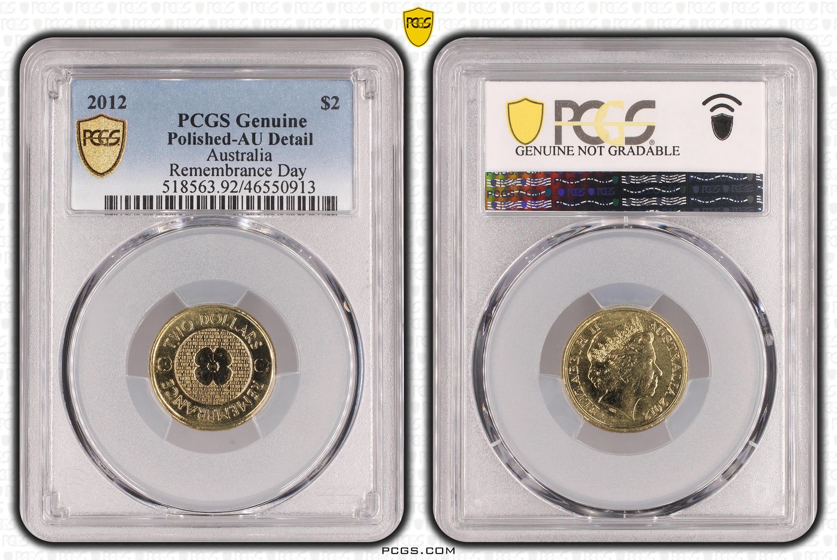 Remembrance Day, Two Dollar, 2012, PCGS Genuine - AU Details (92 - Cleaned)