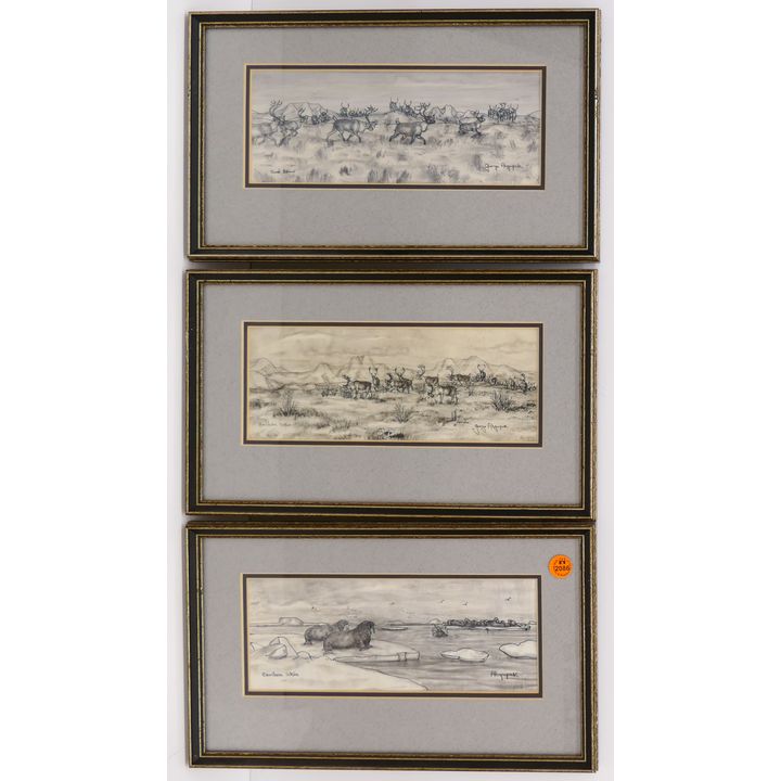 3pc George Ahgupuk Eskimo Ink Drawings on Caribou Skin Framed 8''x14''