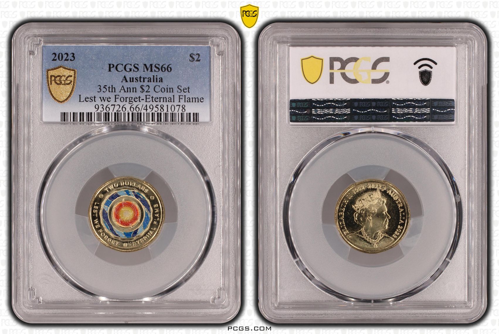 Elizabeth II, 35th Ann $2 Coin Set Colorized Lest we Forget-Eternal Flame , Two Dollar, 2023, PCGS MS66