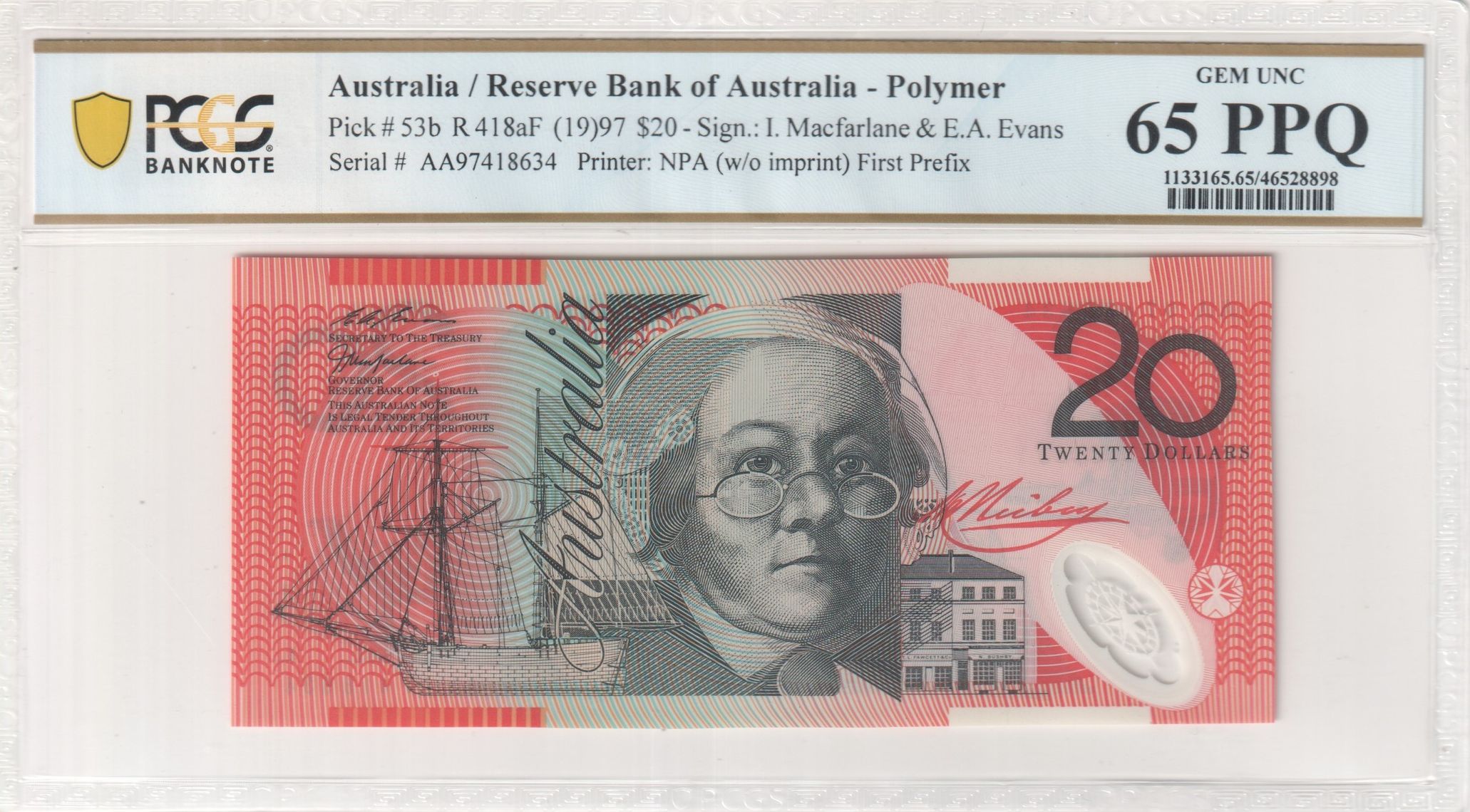 MacFarlane/Evans, First Prefix, Twenty Dollar, 1997, PCGS Gem UNC 65 PPQ