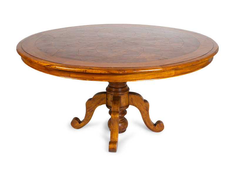 A Continental Parquetry Walnut Center Table
Height 32 1/2 x diameter 62 1/2 inches.