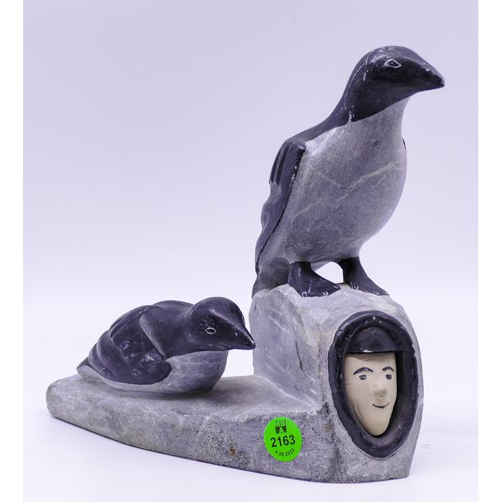 Tivi Pannagyan Ivujivik Soapstone Bird & Eskimo Sculpture- 7x9''