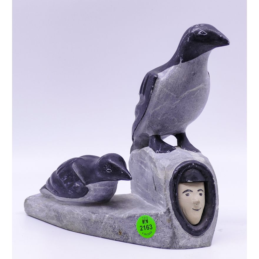 Tivi Pannagyan Ivujivik Soapstone Bird & Eskimo Sculpture- 7x9''