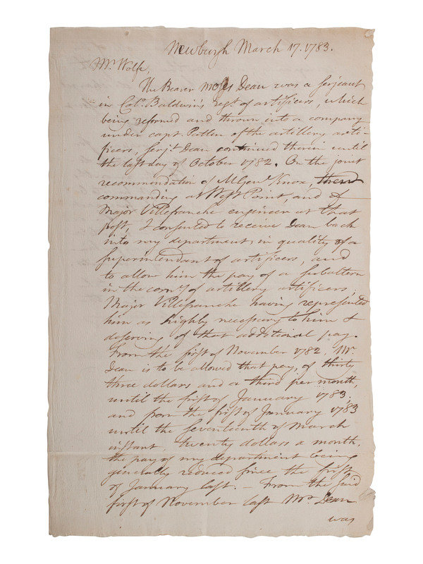 PICKERING, Timothy (1745-1829). Autograph letter signed ("T. Pickering QMG") as Quartermaster General of the Continental Army. Newburgh, 17 March 1783.