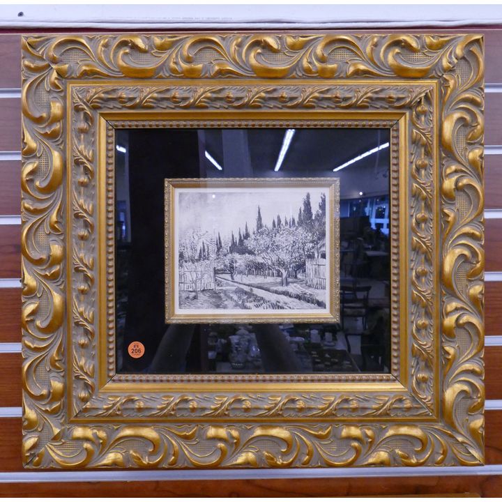 Vincent Van Gogh 'Jardin Enfleurs' Engraving on Japon Paper w/ COA in Ornate Gallery Frame- 20x21''