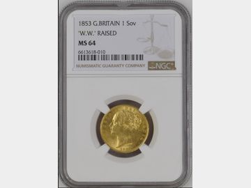1853 VICTORIA SHIELD GOLD SOVEREIGN W.W. RAISED MS64