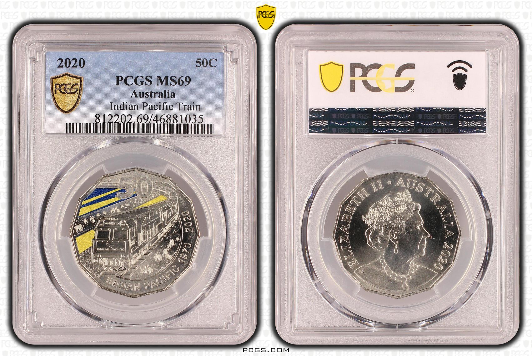 Indian Pacific Train Colourised, Fifty Cent, 2020, PCGS MS69