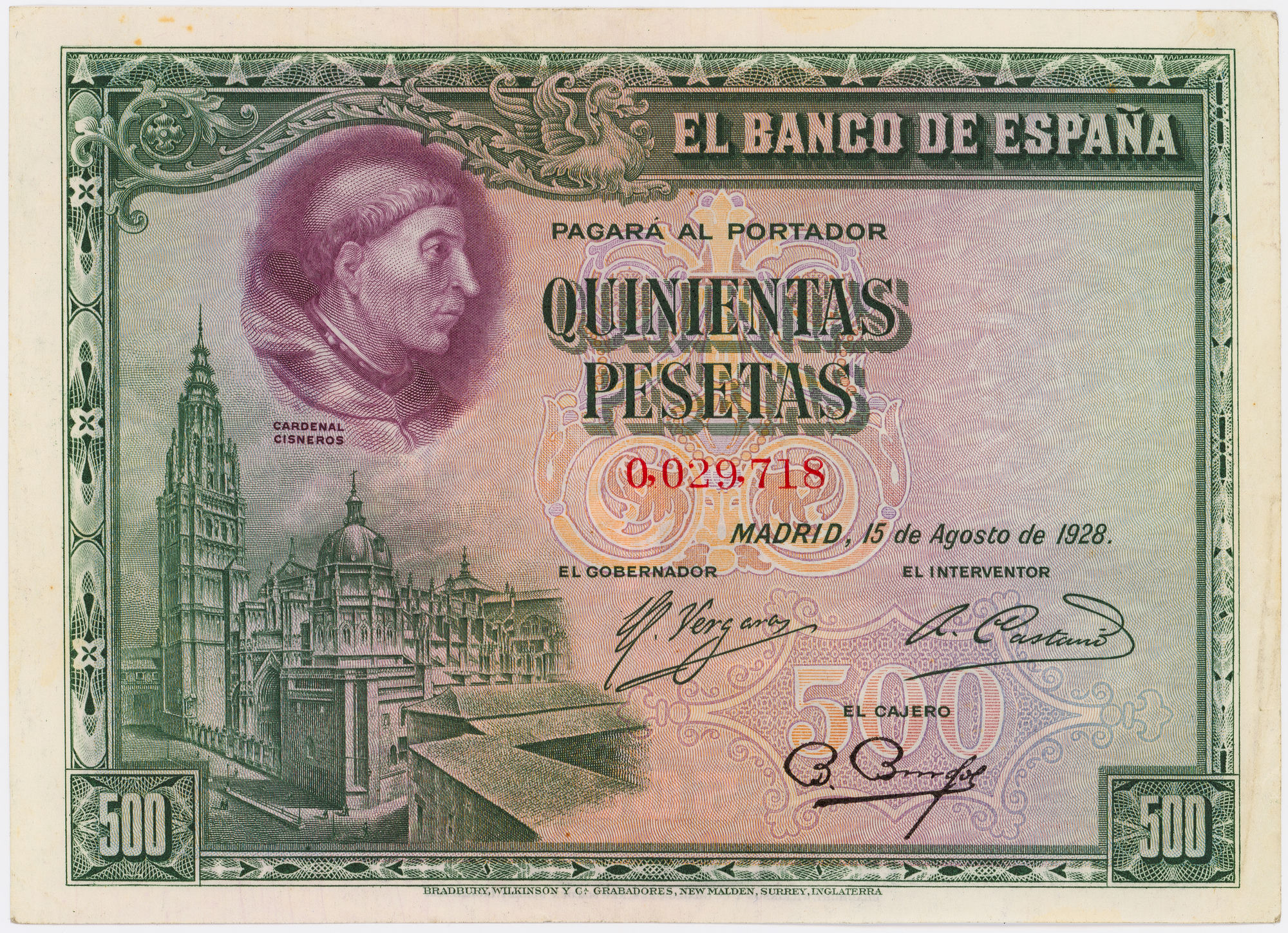 Spain, Five Hundred Pesetas, 1928, EF