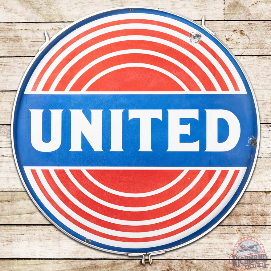 Rare United Gasoline 42" DS Porcelain Sign w/ Ring "Bullseye Logo"
