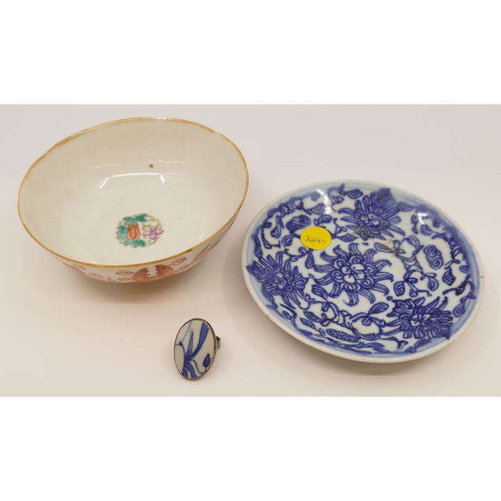 3pc Chinese Qing Porcelain Dishes & Shard Ring- 5'' diameter