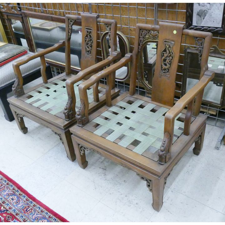 Pair Chinese Carved Mahogany Armchairs- no cushions- 32x25x27''