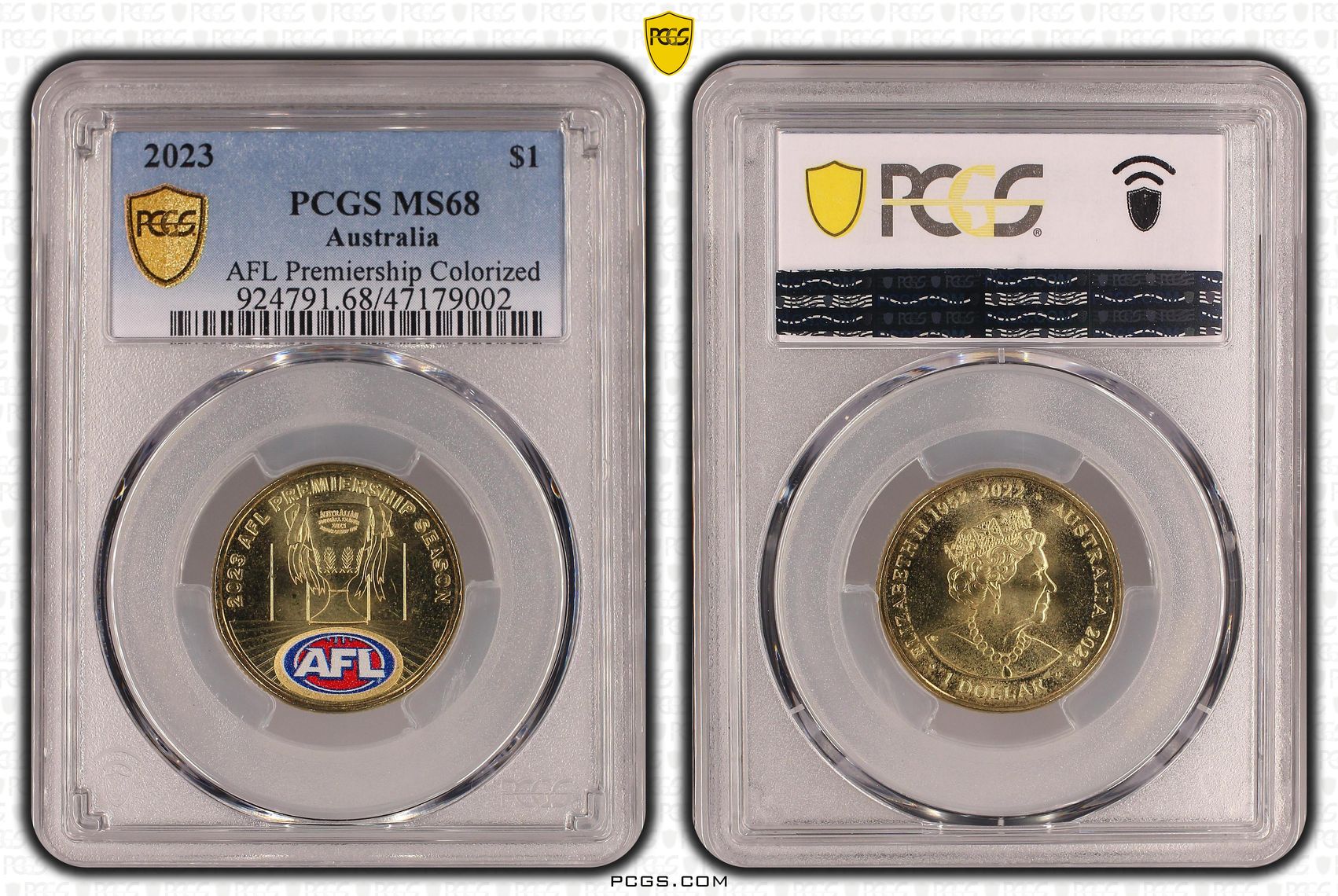 Elizabeth II, AFL Premiership Colorized, One Dollar, 2023, PCGS MS68