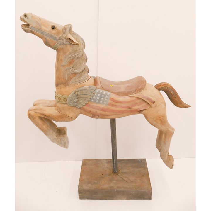 Large Wood Carousel Horse on Stand with American Flag Motif- 55x48x13''