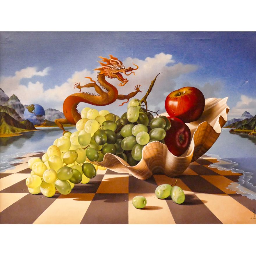 Ilene Meyer (1939-2009 Washington) 'Dragon Fruit Still Life' Surrealist Oil