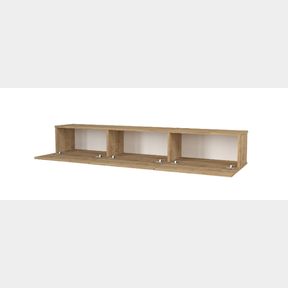 DAMLA FLOATING TV STAND - LIGHT BROWN - THE UNIT HAS 3 DRAWERS TO KEEP YOUR MAGAZINE REMOTES AND CONCEAL SMALL THINGS.