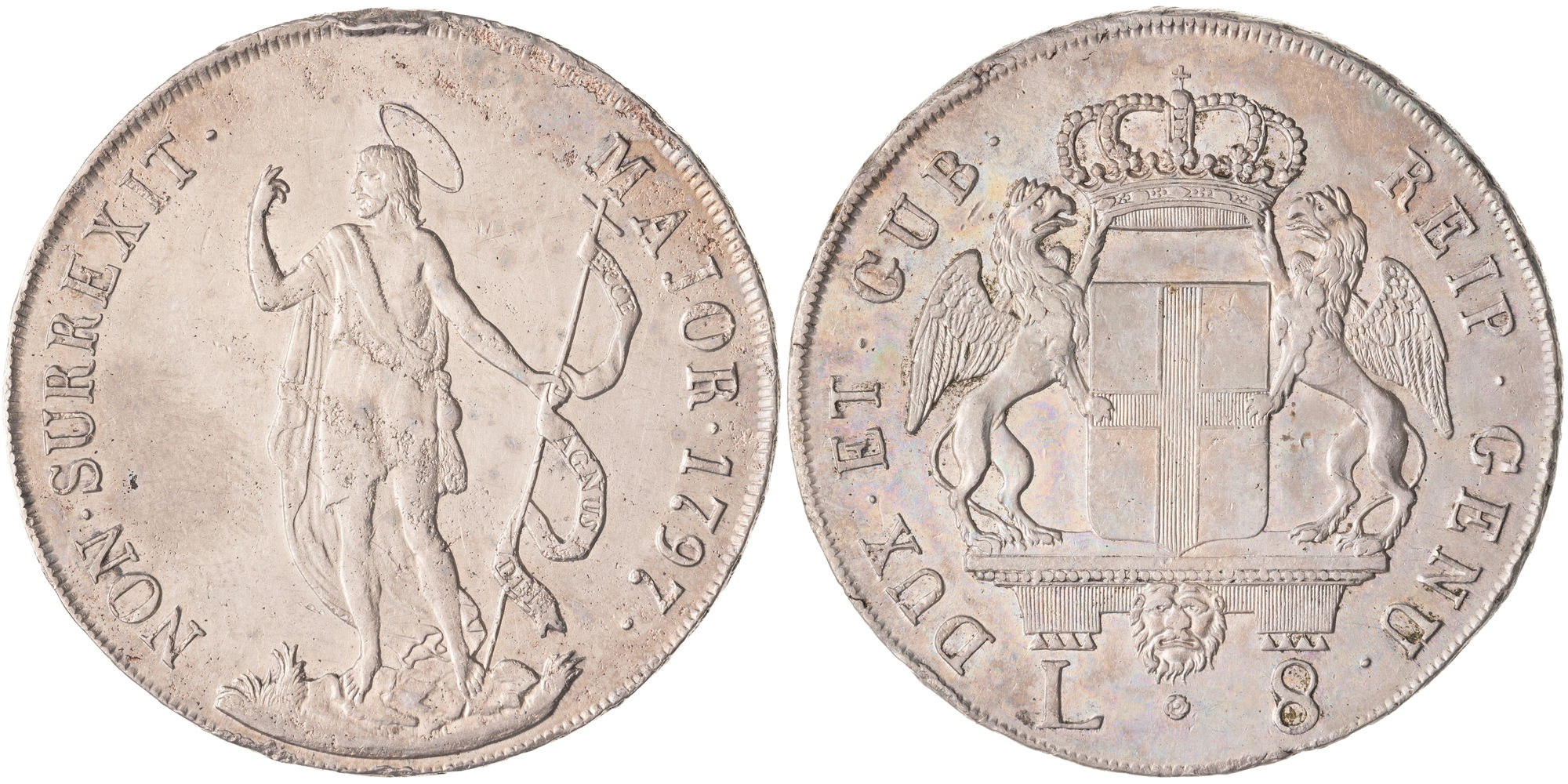 Italian States, Republic of Genoa, Eight Lire, 1797, aVF