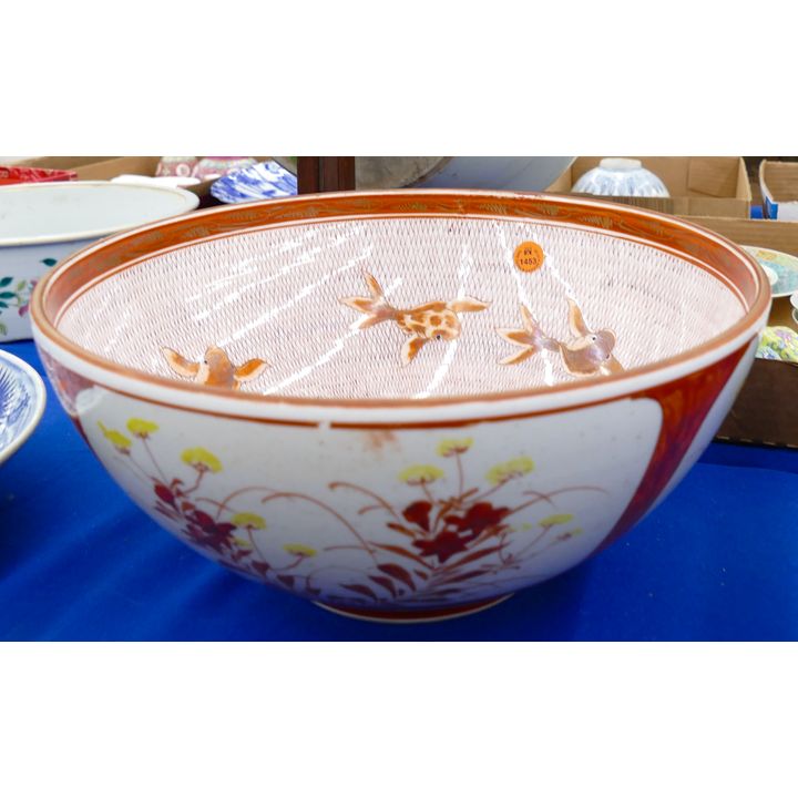 Japanese Kutani Large Red Bowl with Goldfish 12''