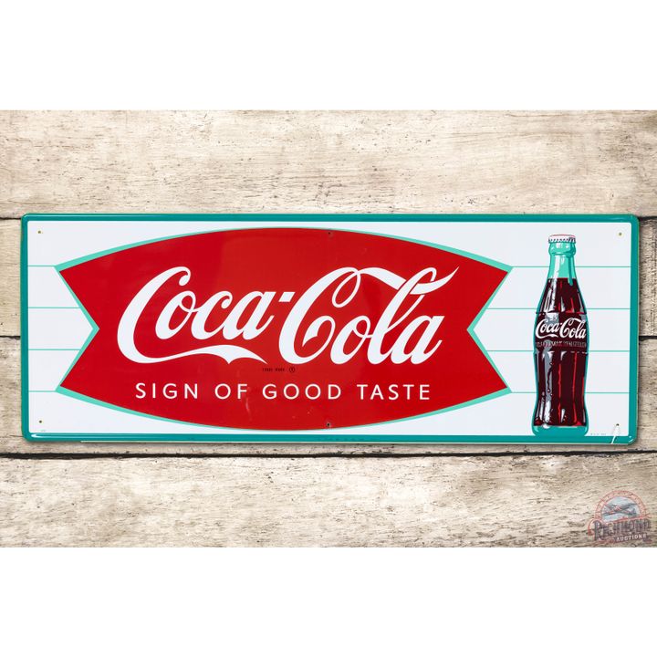NOS Coca-Cola Fishtail & Bottle Metal Sign TAC 9.75