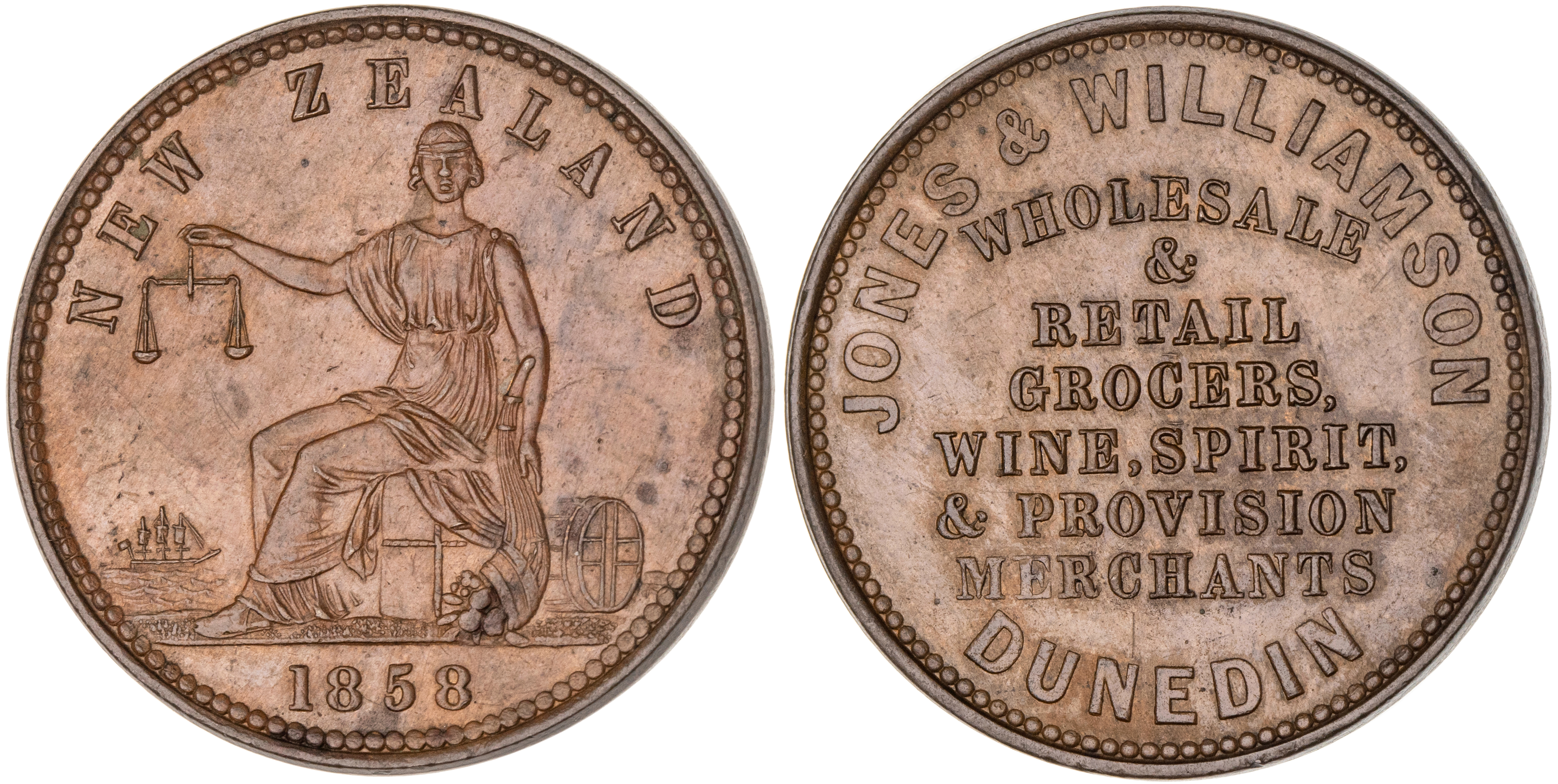 New Zealand, Dunedin, Penny, 1858, UNC