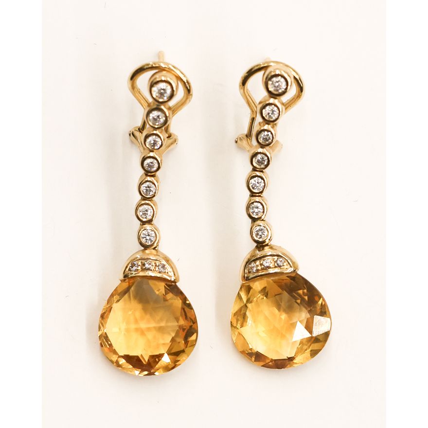 Pair 14k Citrine Diamond Dangle Earrings
