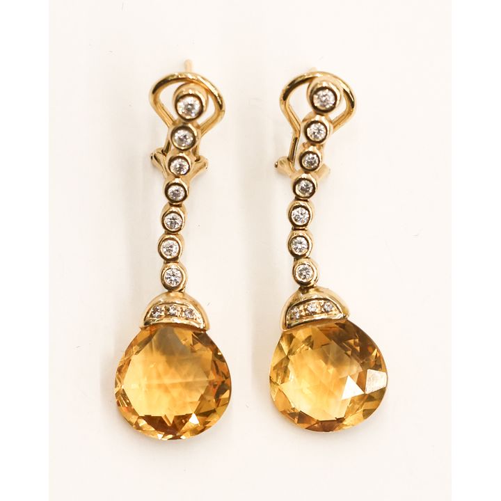 Pair 14k Citrine Diamond Dangle Earrings