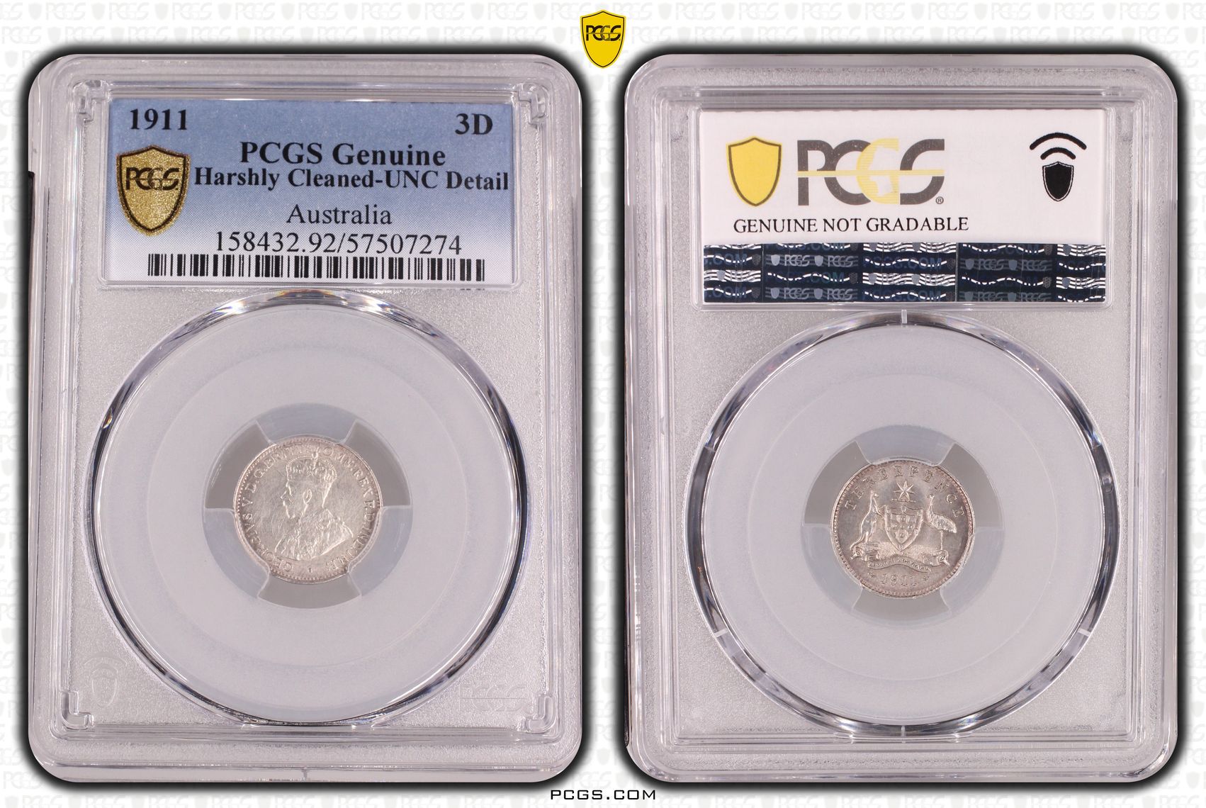 53 · Threeepence, 1911, PCGS Genuine - UNC Details (92 - Cleaned)