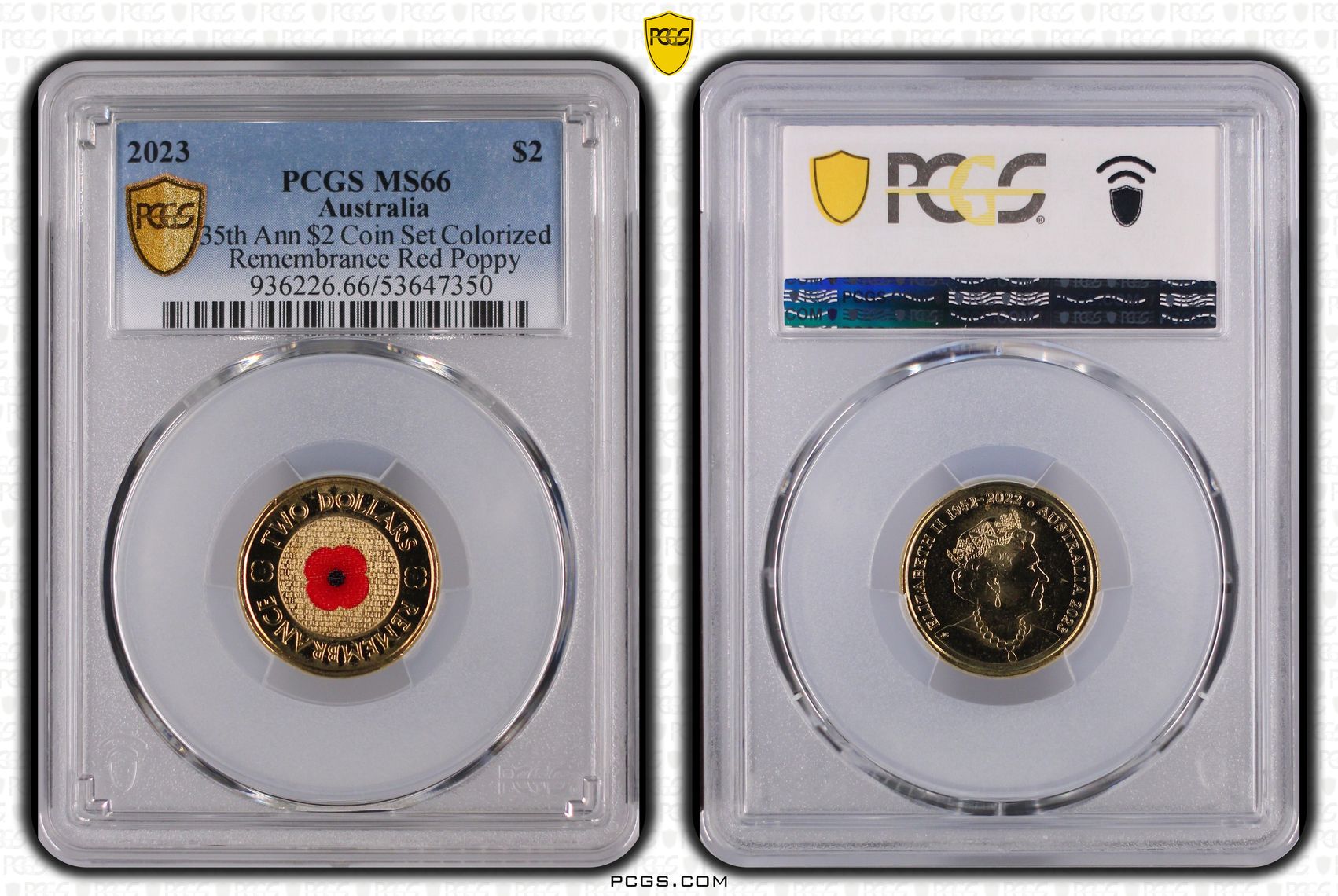 35th Ann $2 Coin Set Colourised Remembrance Red Poppy, Two Dollar, 2023, PCGS MS66