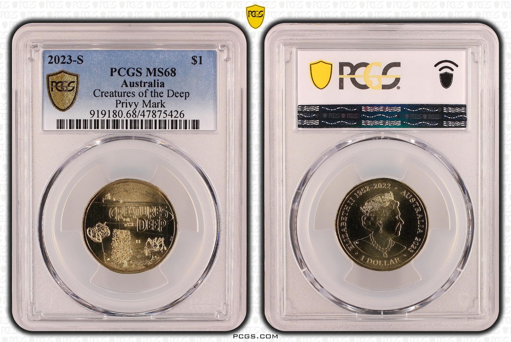 301 · Elizabeth II, Creatures of the Deep - Privy Mark  POP 28/0, One Dollar, 2023-S, PCGS MS68