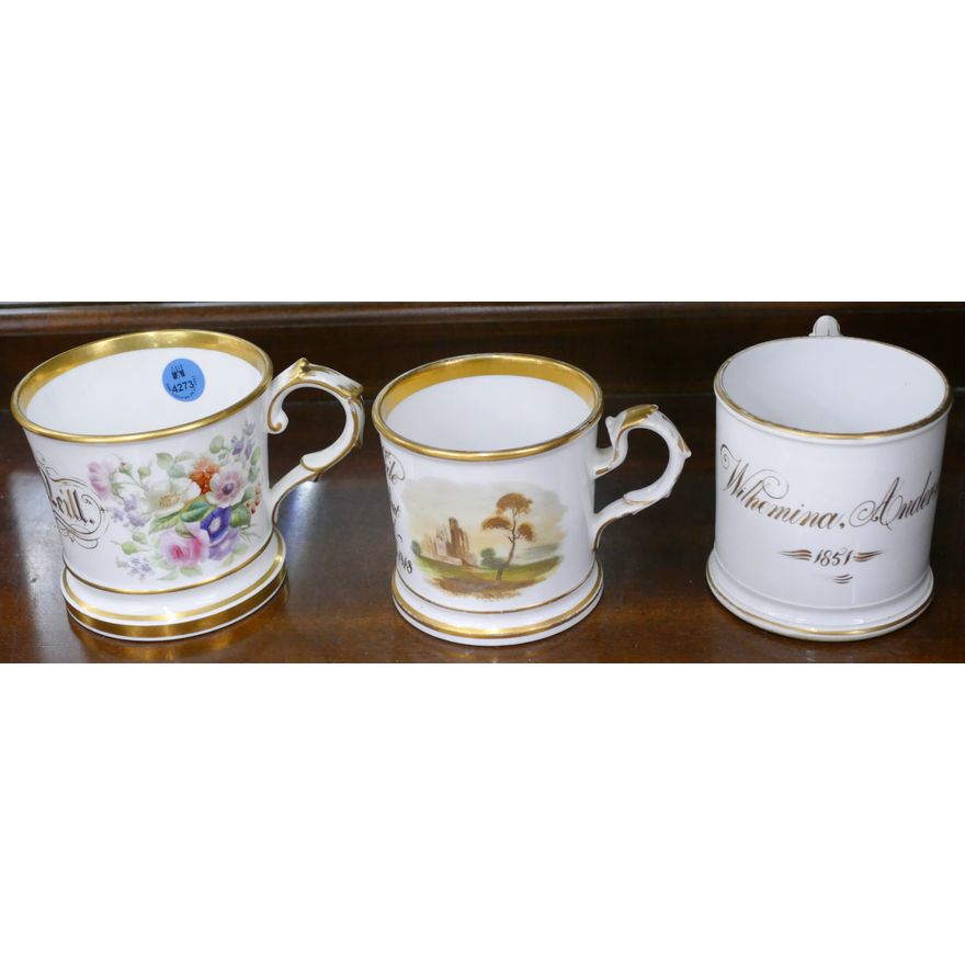 3pc Antique Gold Gilt Hand Painted Mugs 3.5'' to 4''