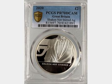 2020 ELIZABETH II JAMES BOND 'SHAKEN NOT STIRRED' SILVER 1oz PROOF £2 COIN PR70 DCAM TOP POP!